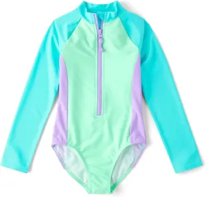 The Children's Place Girls' Long Sleeve Half Zip One Piece Rashguard Swimsuit