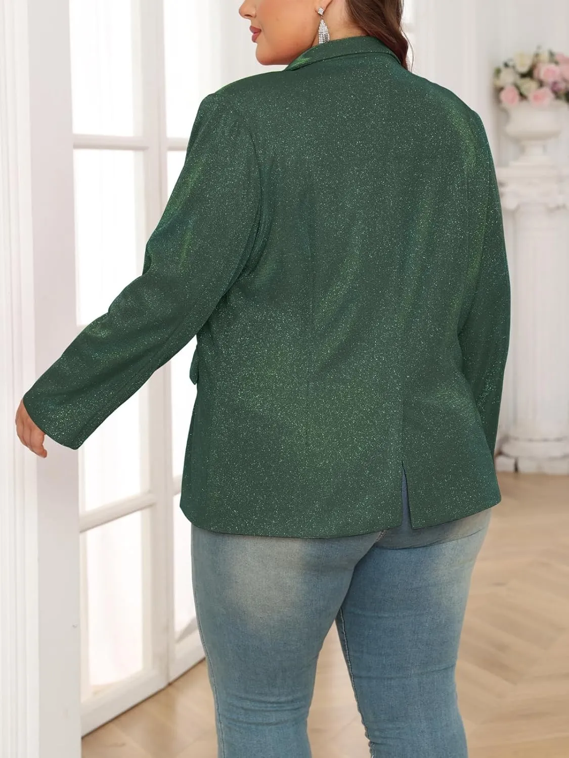 Theenkoln Womens Plus Size Blazer Jacket Collared V Neck Glitter Sparkly Long Sleeve Party Cardigan with Pocket 2024