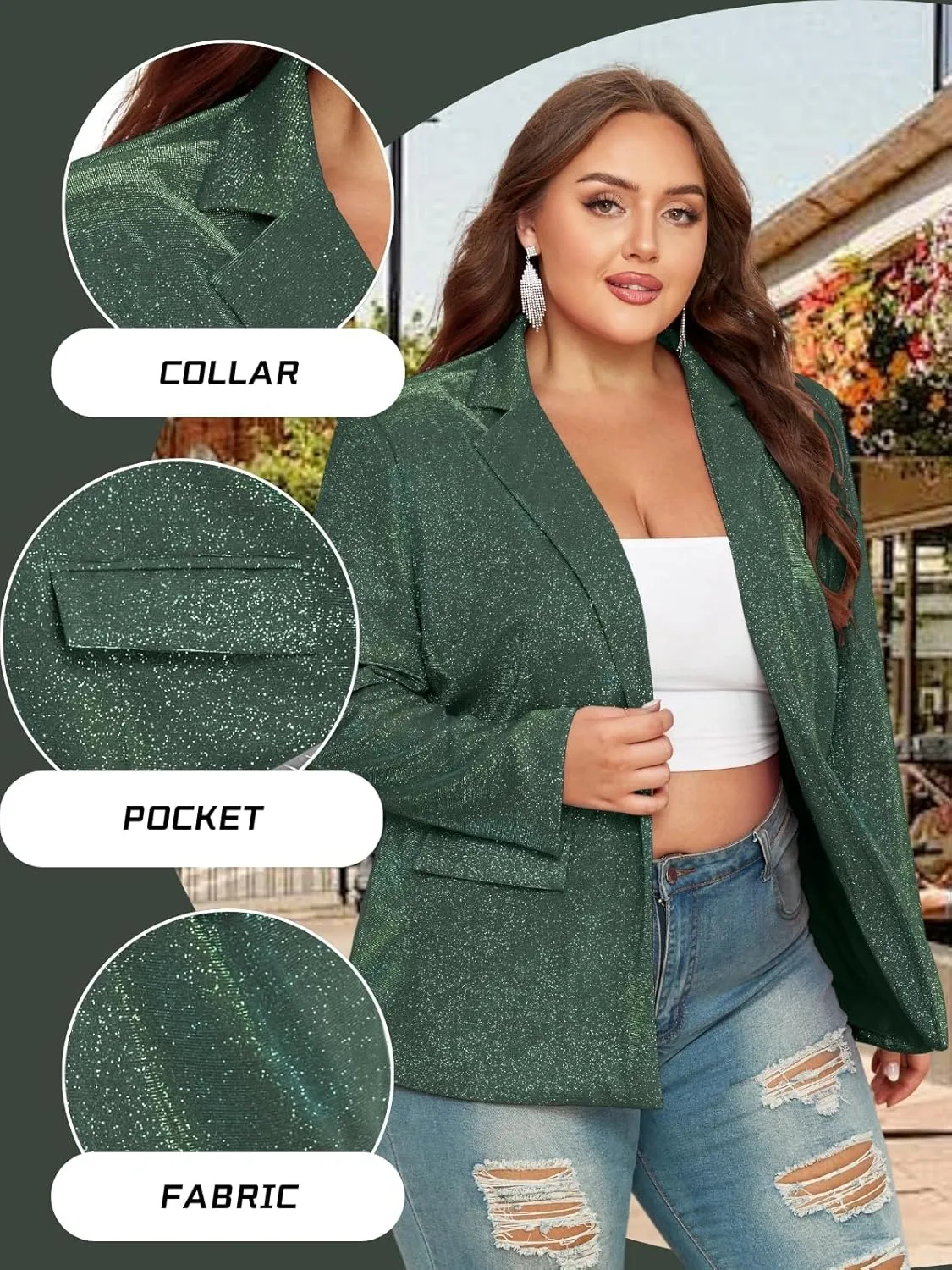 Theenkoln Womens Plus Size Blazer Jacket Collared V Neck Glitter Sparkly Long Sleeve Party Cardigan with Pocket 2024