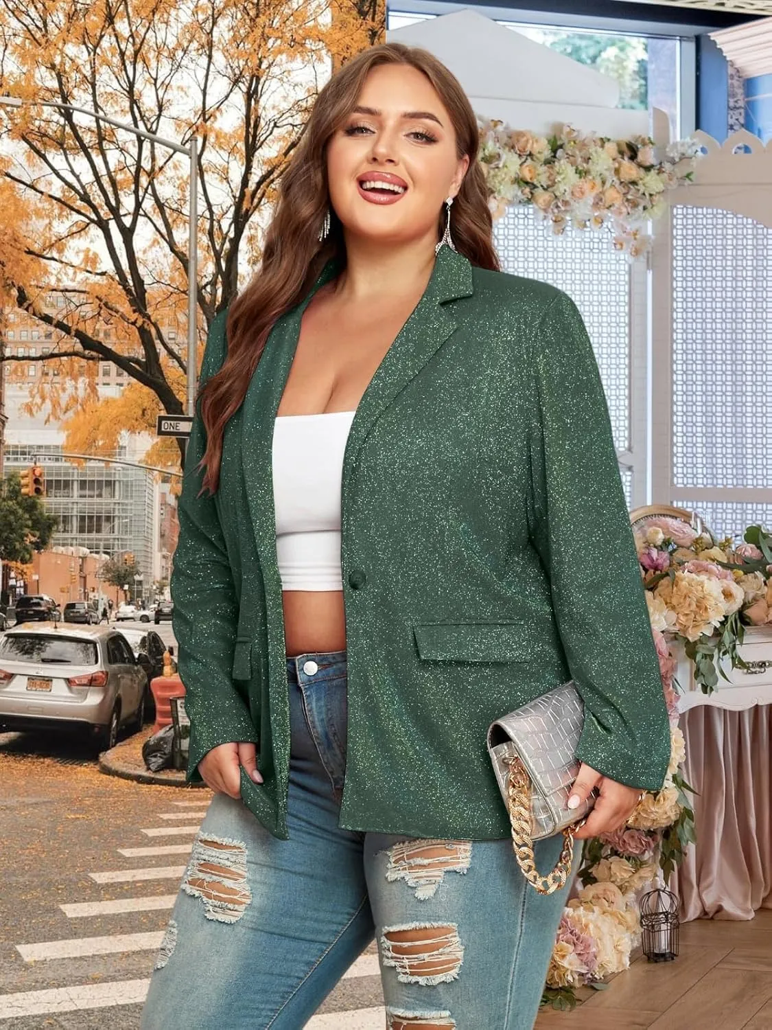Theenkoln Womens Plus Size Blazer Jacket Collared V Neck Glitter Sparkly Long Sleeve Party Cardigan with Pocket 2024