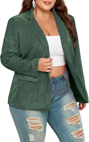 Theenkoln Womens Plus Size Blazer Jacket Collared V Neck Glitter Sparkly Long Sleeve Party Cardigan with Pocket 2024
