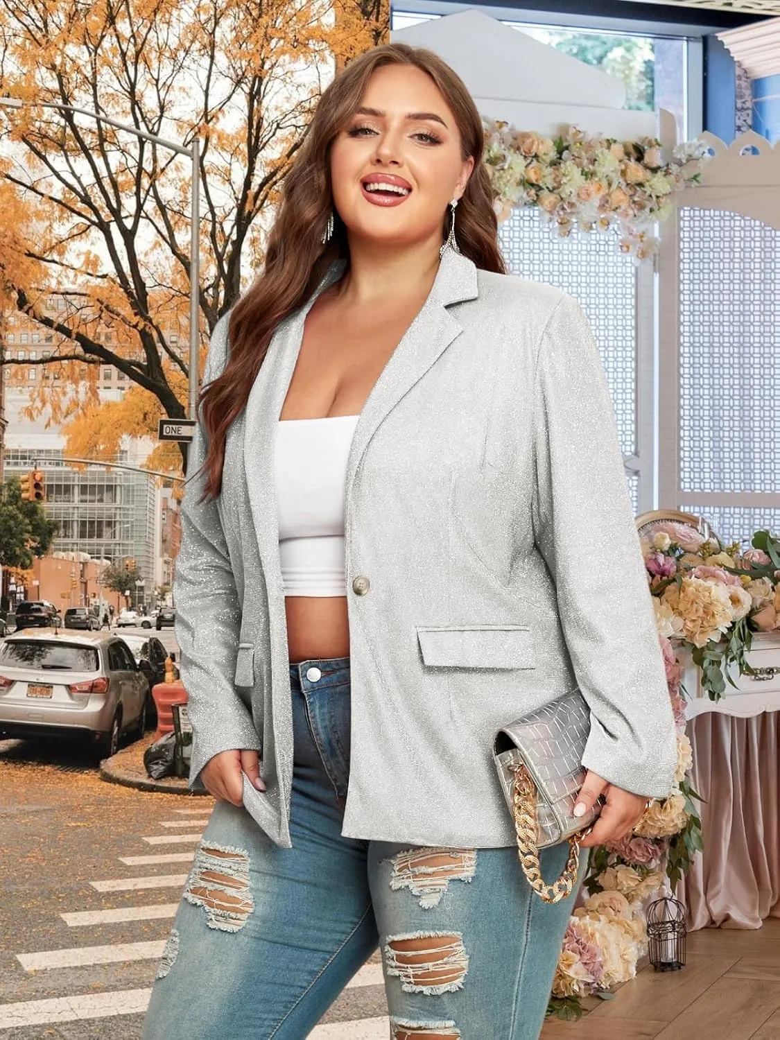 Theenkoln Womens Plus Size Blazer Jacket Collared V Neck Glitter Sparkly Long Sleeve Party Cardigan with Pocket 2024