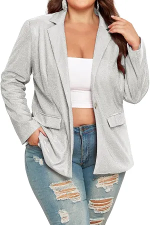 Theenkoln Womens Plus Size Blazer Sequin Collared Glitter Casual Open Front Button Down Disco Jacket Sliver