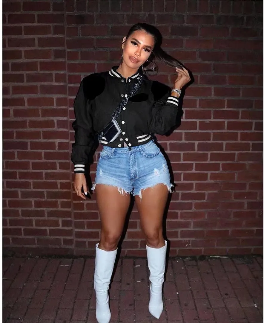 ThusFar Women Denim Distressed Jacket Puff Sleeve Ripped Pockets Vintage Washed Classic Button Up Cropped Destroyed Jean Coat