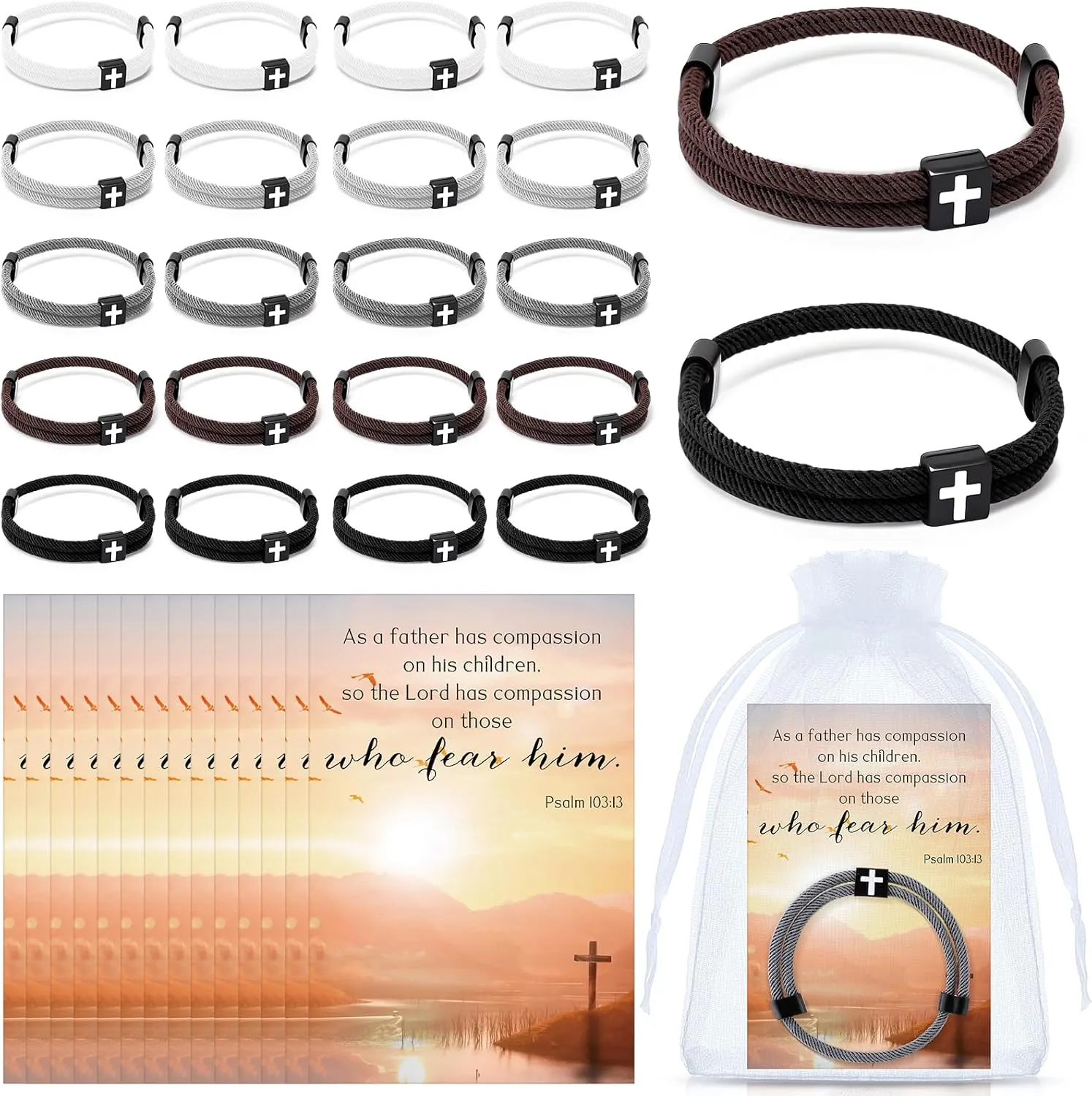 Tondiamo Father's Day Gift for Church Cross Bracelet Christian Adjustable Braided Jesus Wristband Religious Bible Verse Psalm 103:13 Scripture Cards Organza Bag Easter Basket Stuffers for Dad