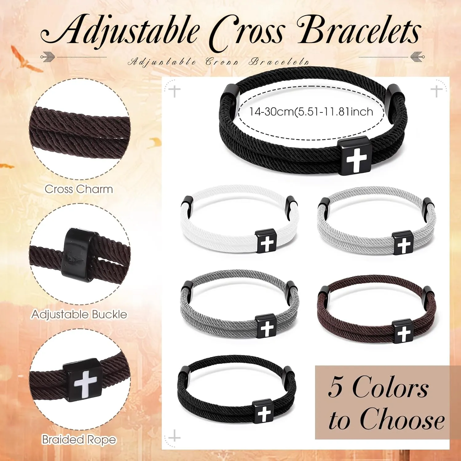 Tondiamo Father's Day Gift for Church Cross Bracelet Christian Adjustable Braided Jesus Wristband Religious Bible Verse Psalm 103:13 Scripture Cards Organza Bag Easter Basket Stuffers for Dad