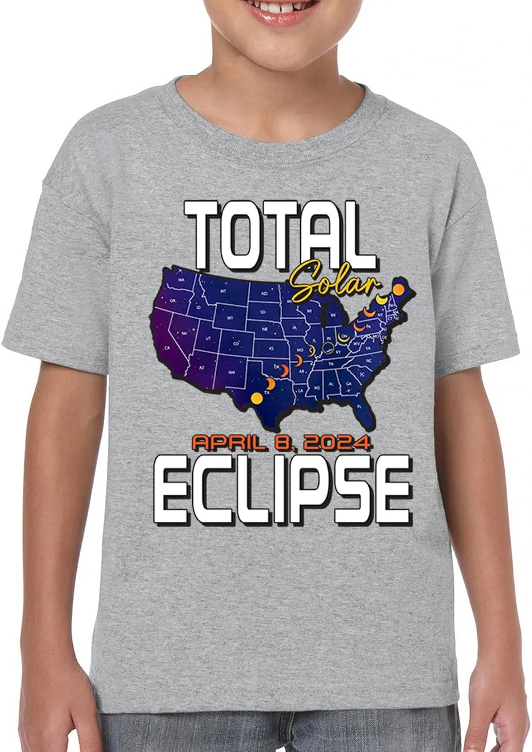Total Solar Eclipse Map Youth T-Shirt Watch Only with Eclipse Glasses April 8 2024 Party Astronomy Sun Moon Kids