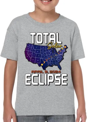 Total Solar Eclipse Map Youth T-Shirt Watch Only with Eclipse Glasses April 8 2024 Party Astronomy Sun Moon Kids