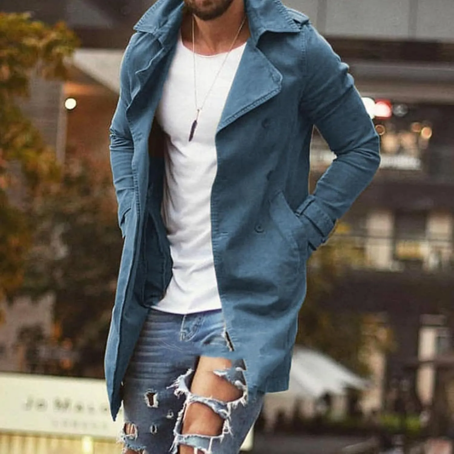 Trench Coat for Men Slim Notched Collar Single Breasted Cotton Jacket Oversized Lightweight Windproof Long Jacket
