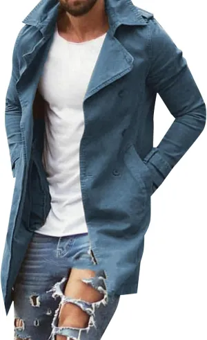Trench Coat for Men Slim Notched Collar Single Breasted Cotton Jacket Oversized Lightweight Windproof Long Jacket