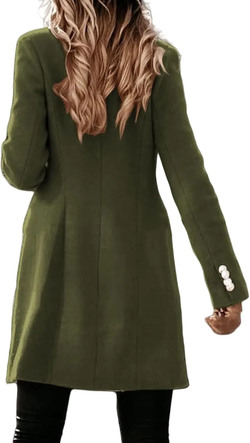Trench Coat Women Long Wool Double Breasted Blazer Business Casual Notch Lapel Jacket Fall Winter Mid Long Peacoat