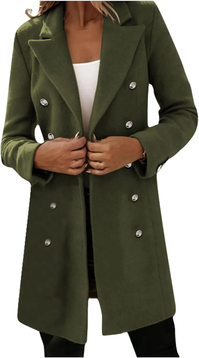 Trench Coat Women Long Wool Double Breasted Blazer Business Casual Notch Lapel Jacket Fall Winter Mid Long Peacoat