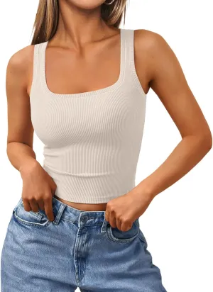 Trendy Queen Women's Summer Square Neck Tank Tops Workout Cropped Ribbed Summer Camisole Sleeveless Clothes 2025