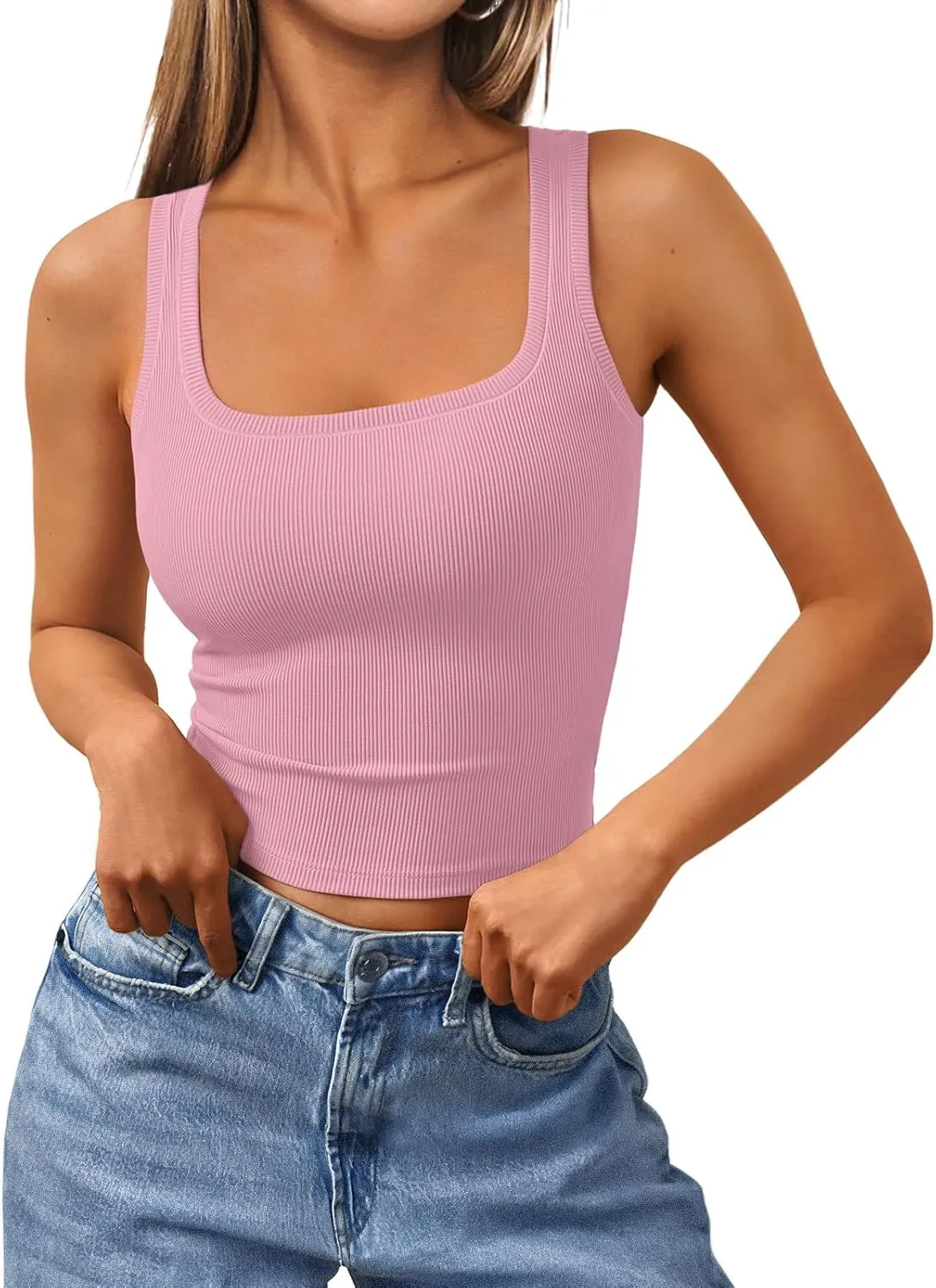 Trendy Queen Women's Summer Square Neck Tank Tops Workout Cropped Ribbed Summer Camisole Sleeveless Clothes 2025