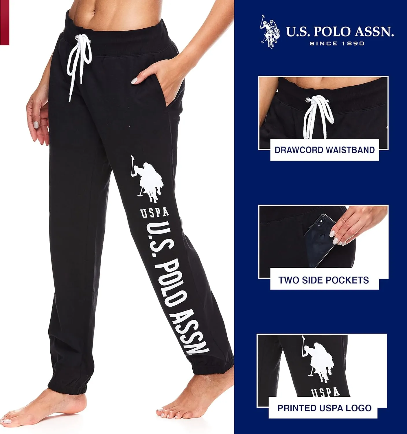 U.S. Polo Assn. Essentials Womens Sweatpants with Pockets, Comfy and Breathable French Terry Joggers for Women