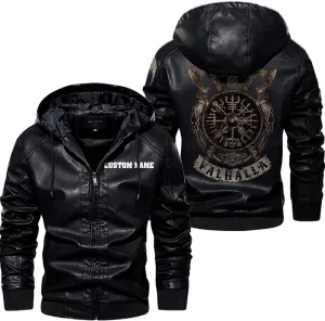 Vegvisir Berserker Valhalla Viking Symbol Personalized Men Motorcycle PU Leather Coat Biker Rider Jacket Men