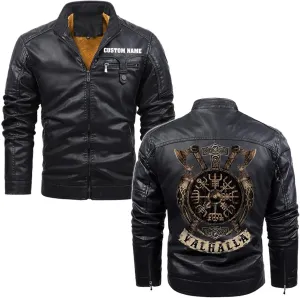 Vegvisir Berserker Valhalla Viking Symbol Personalized Men Motorcycle PU Leather Coat Biker Rider Jacket Men