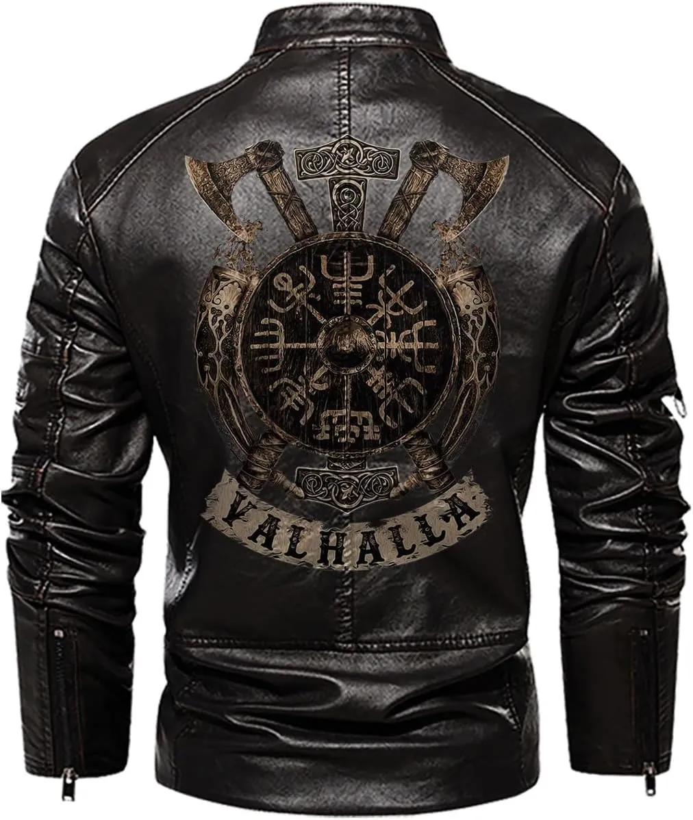 Vegvisir Berserker Valhalla Viking Symbol Personalized Men Motorcycle PU Leather Coat Biker Rider Jacket Men