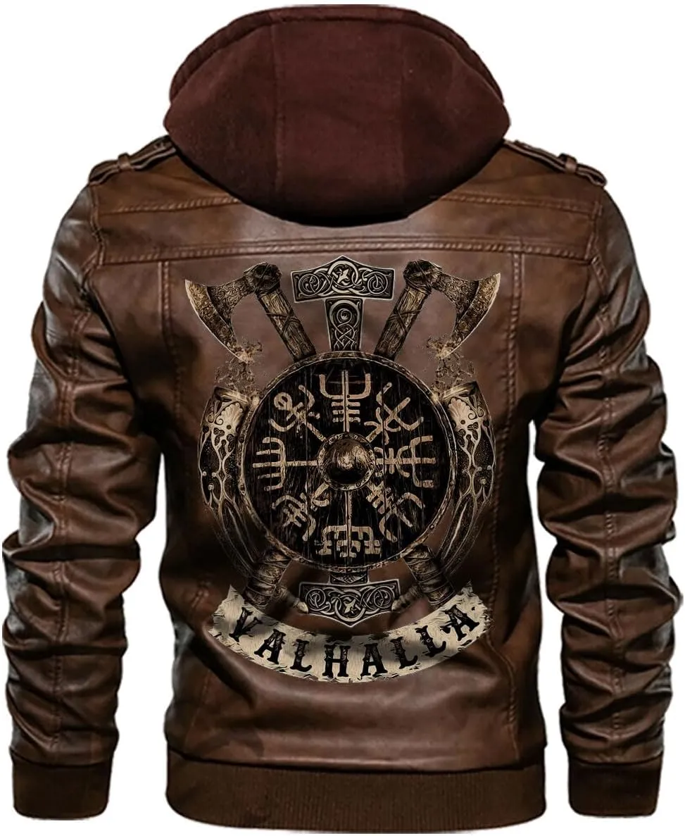 Vegvisir Berserker Valhalla Viking Symbol Personalized Men Motorcycle PU Leather Coat Biker Rider Jacket Men