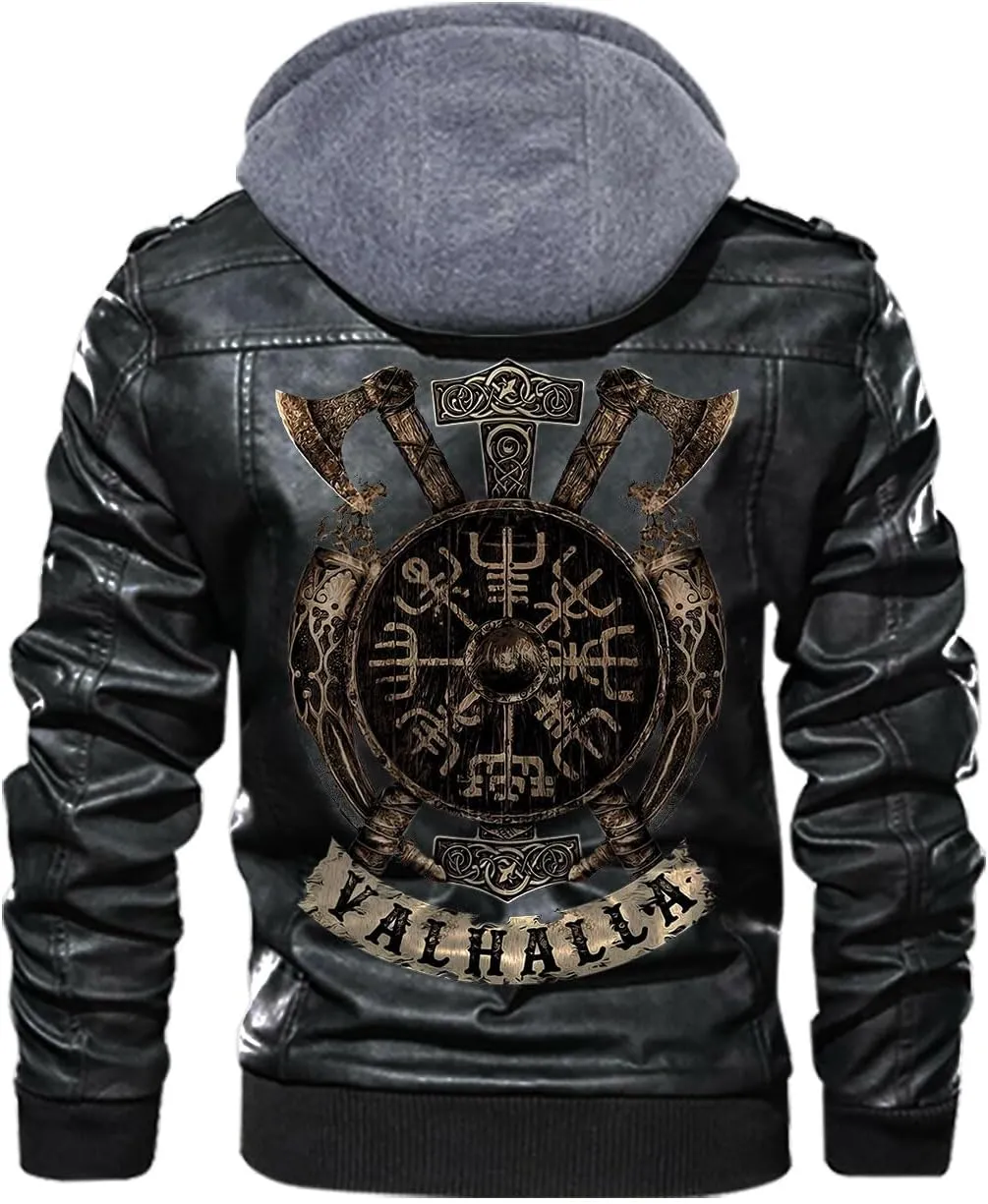 Vegvisir Berserker Valhalla Viking Symbol Personalized Men Motorcycle PU Leather Coat Biker Rider Jacket Men