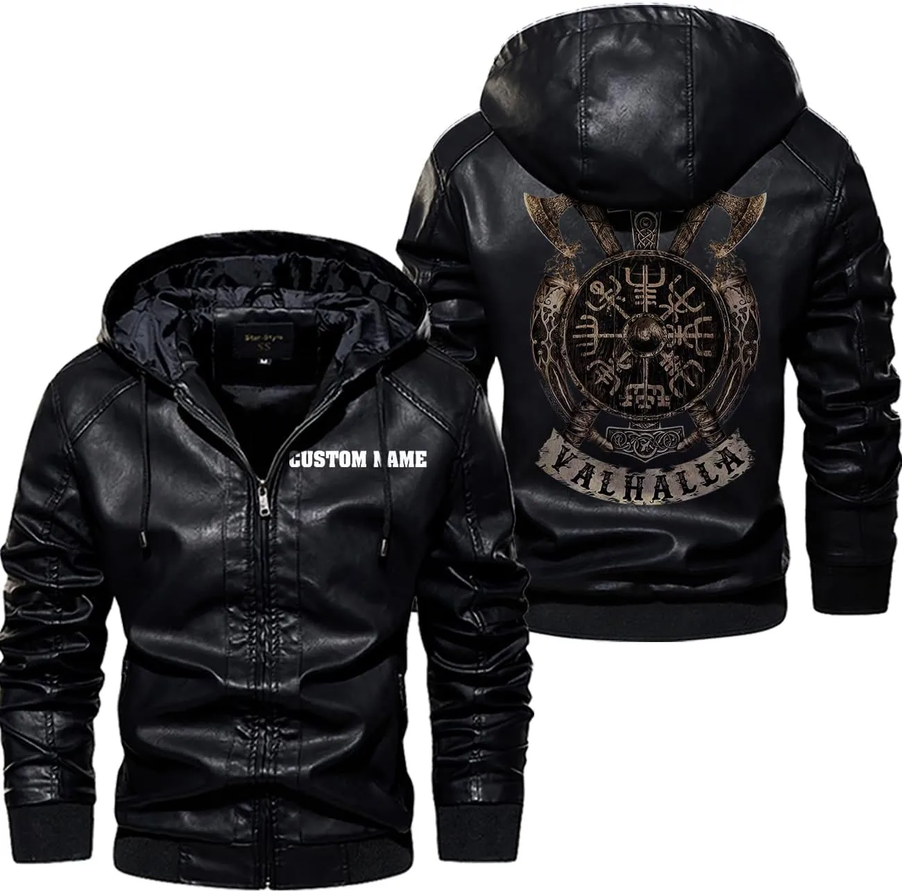 Vegvisir Berserker Valhalla Viking Symbol Personalized Men Motorcycle PU Leather Coat Biker Rider Jacket Men