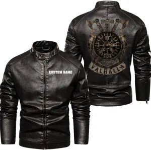 Vegvisir Berserker Valhalla Viking Symbol Personalized Men Motorcycle PU Leather Coat Biker Rider Jacket Men