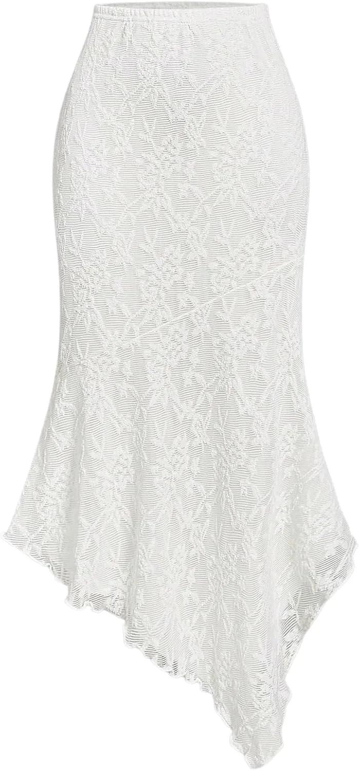 Verdusa Women's Floral Lace Asymmetrical Long Skirt Elastic Waist Summer Bodycon Skirts