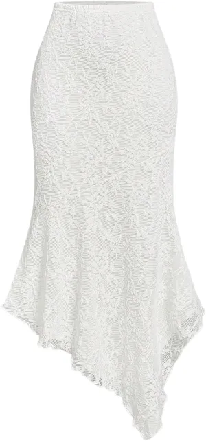 Verdusa Women's Floral Lace Asymmetrical Long Skirt Elastic Waist Summer Bodycon Skirts