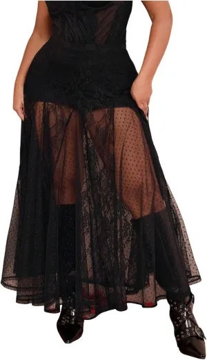 Verdusa Women's Plus Size Lace Mesh Sheer Maxi Skirt Flowy Flared High Waisted Tulle Skirts
