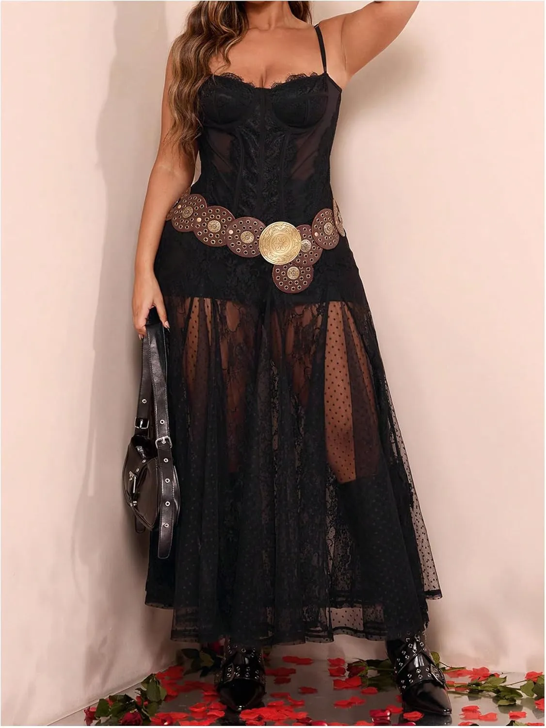 Verdusa Women's Plus Size Lace Mesh Sheer Maxi Skirt Flowy Flared High Waisted Tulle Skirts