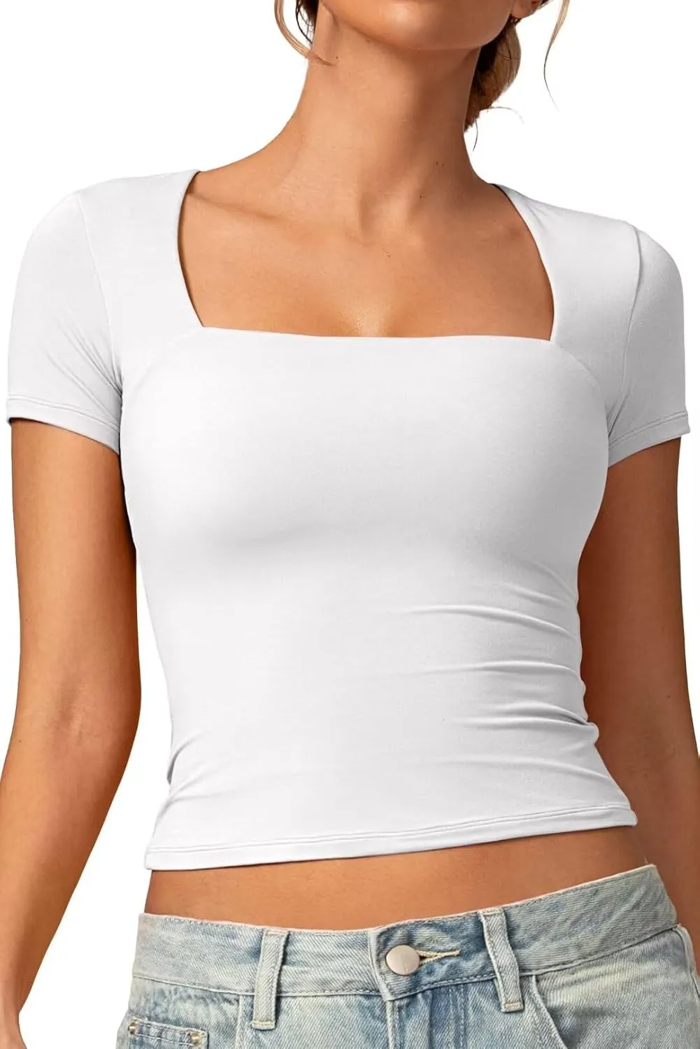 Vertvie Square Neck Tops for Women Short Sleeve Double Lined T Shirts Slim Fit Going Out Tops Soft Sexy Basic Fitted Tee
