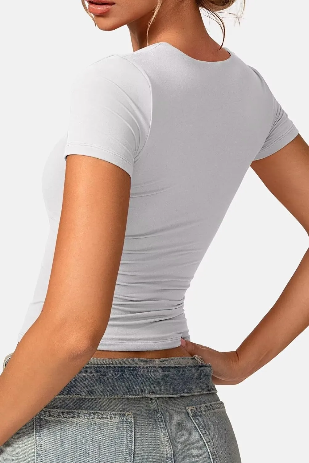 Vertvie Square Neck Tops for Women Short Sleeve Double Lined T Shirts Slim Fit Going Out Tops Soft Sexy Basic Fitted Tee