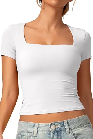 Vertvie Square Neck Tops for Women Short Sleeve Double Lined T Shirts Slim Fit Going Out Tops Soft Sexy Basic Fitted Tee