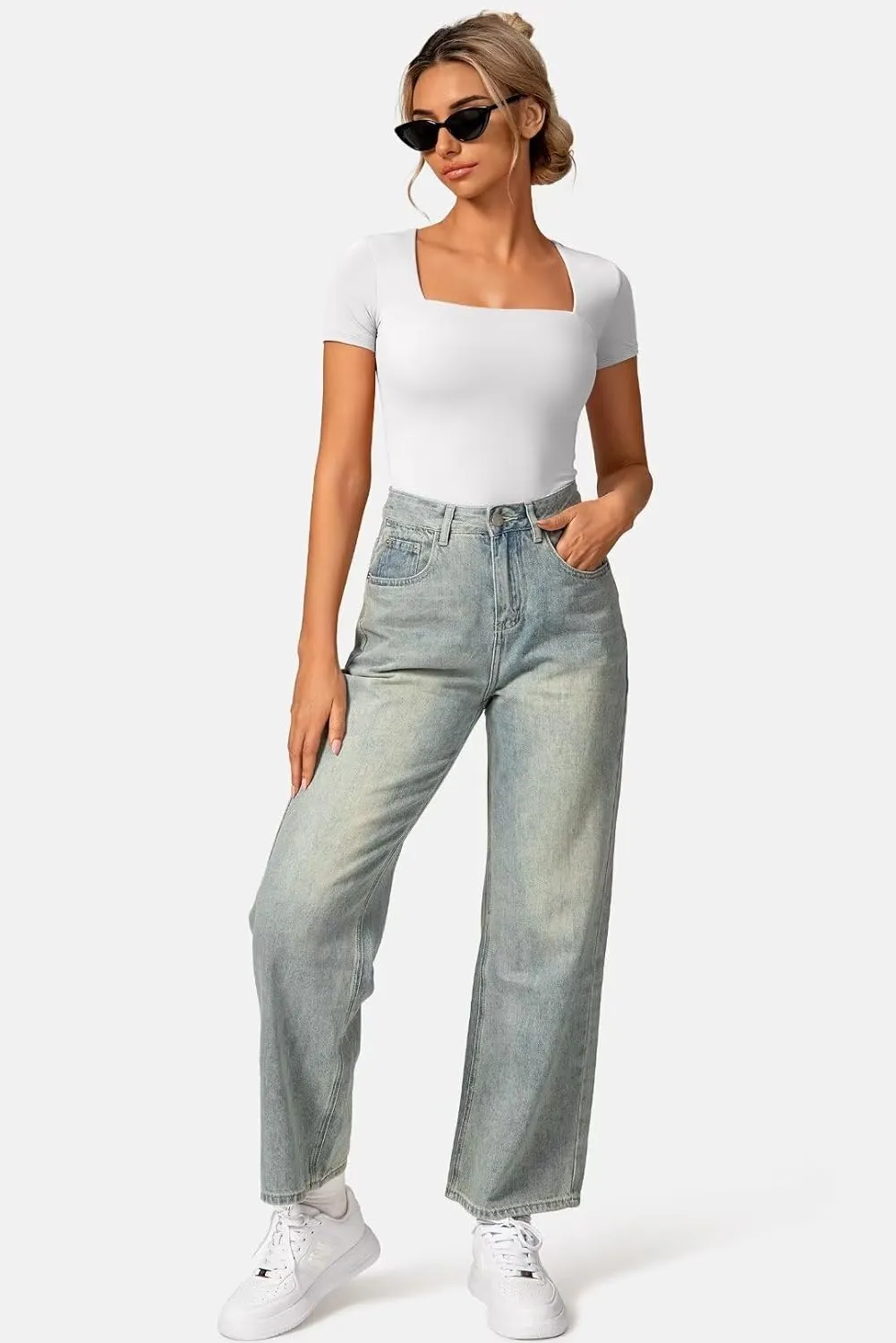 Vertvie Square Neck Tops for Women Short Sleeve Double Lined T Shirts Slim Fit Going Out Tops Soft Sexy Basic Fitted Tee
