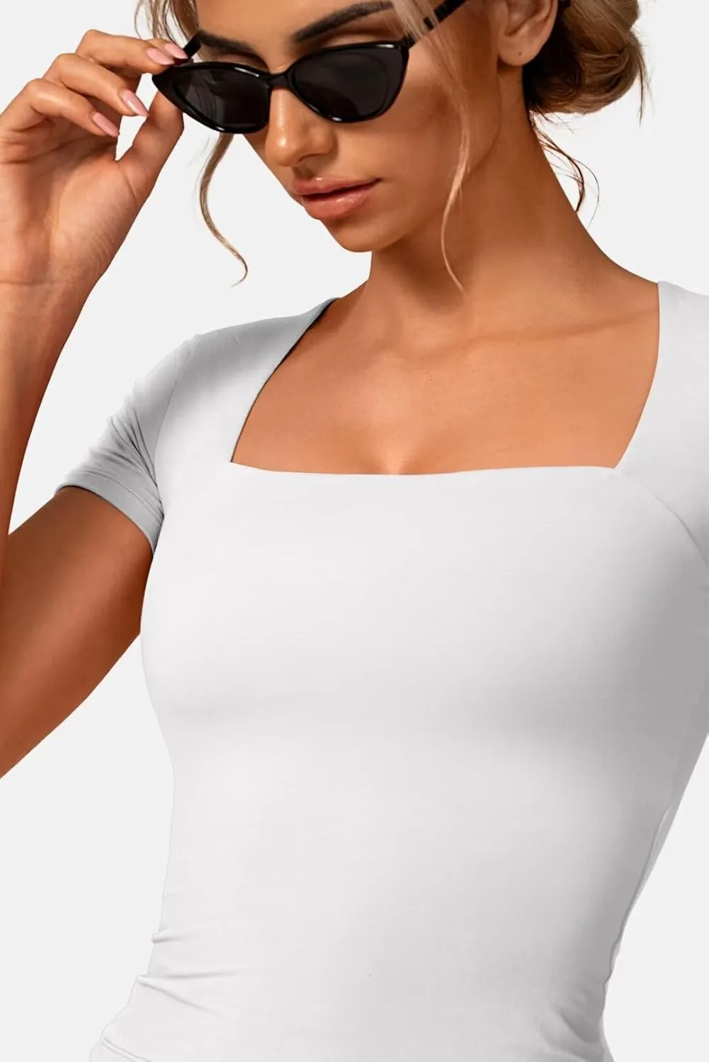 Vertvie Square Neck Tops for Women Short Sleeve Double Lined T Shirts Slim Fit Going Out Tops Soft Sexy Basic Fitted Tee