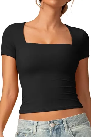 Vertvie Square Neck Tops for Women Short Sleeve Double Lined T Shirts Slim Fit Going Out Tops Soft Sexy Basic Fitted Tee