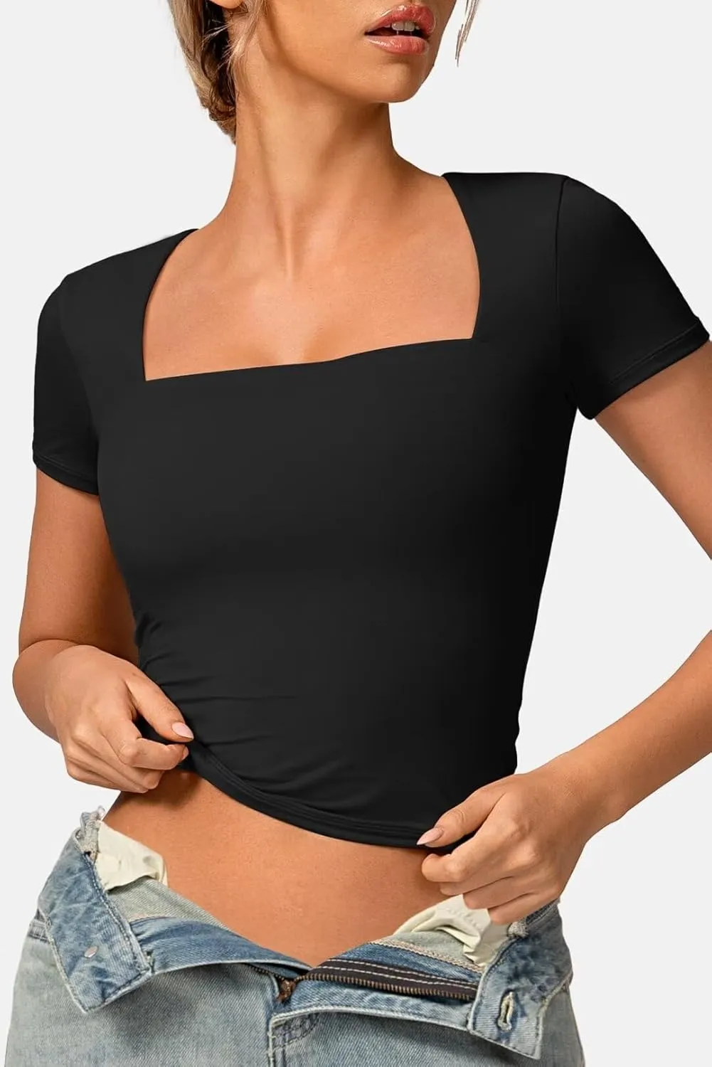 Vertvie Square Neck Tops for Women Short Sleeve Double Lined T Shirts Slim Fit Going Out Tops Soft Sexy Basic Fitted Tee