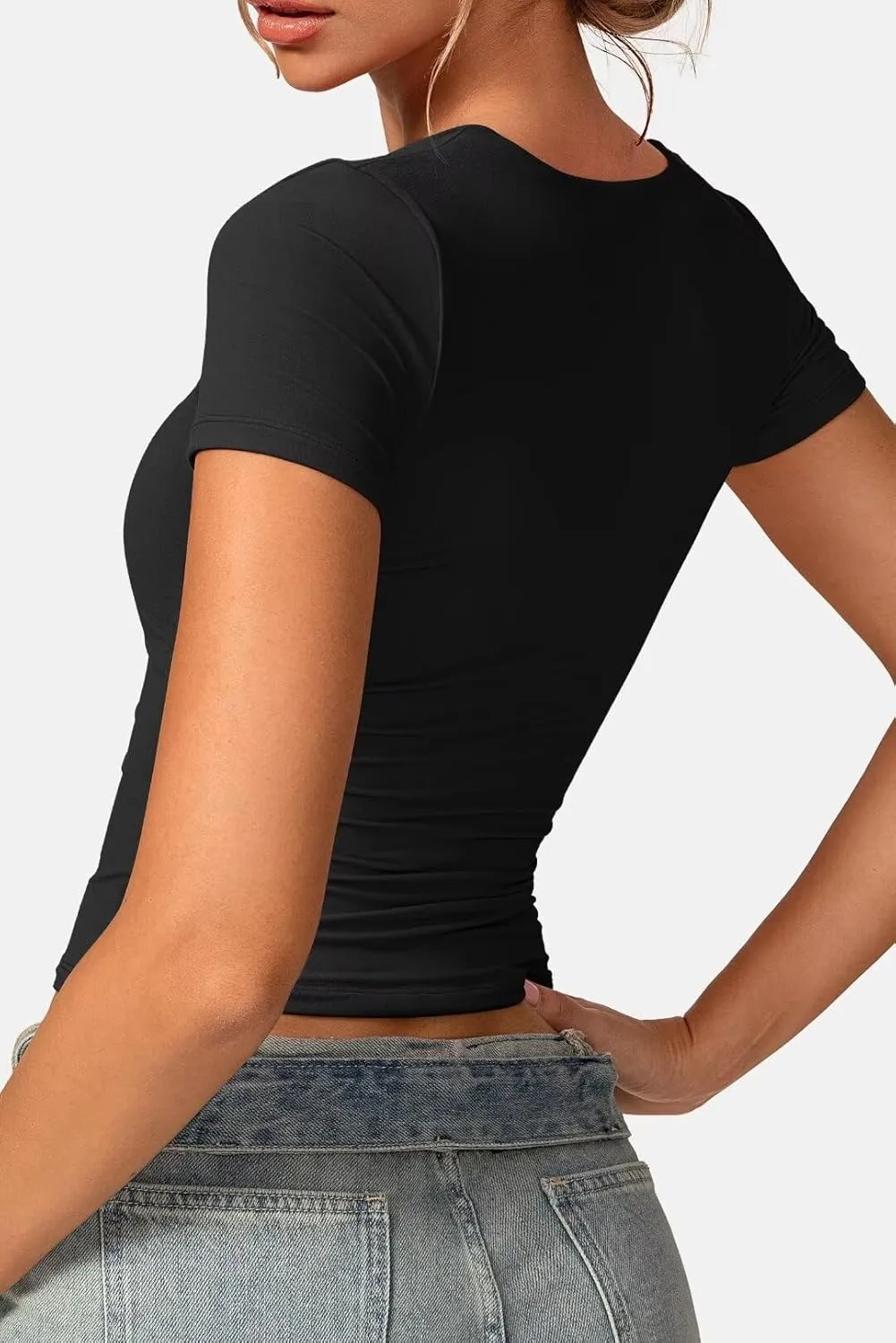 Vertvie Square Neck Tops for Women Short Sleeve Double Lined T Shirts Slim Fit Going Out Tops Soft Sexy Basic Fitted Tee
