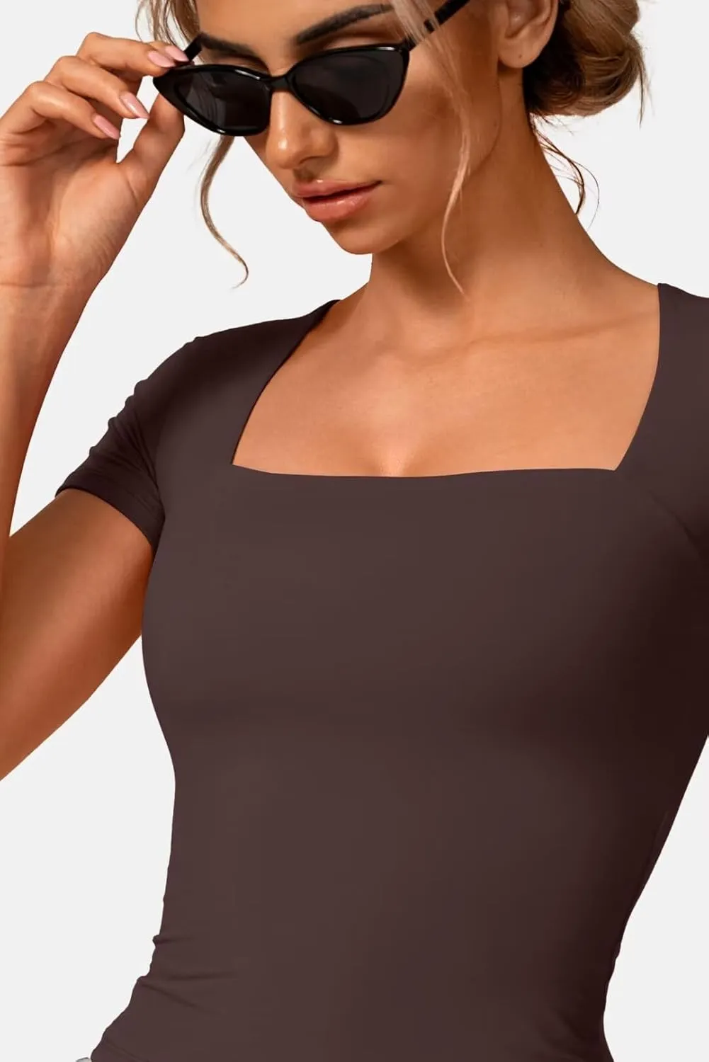 Vertvie Square Neck Tops for Women Short Sleeve Double Lined T Shirts Slim Fit Going Out Tops Soft Sexy Basic Fitted Tee
