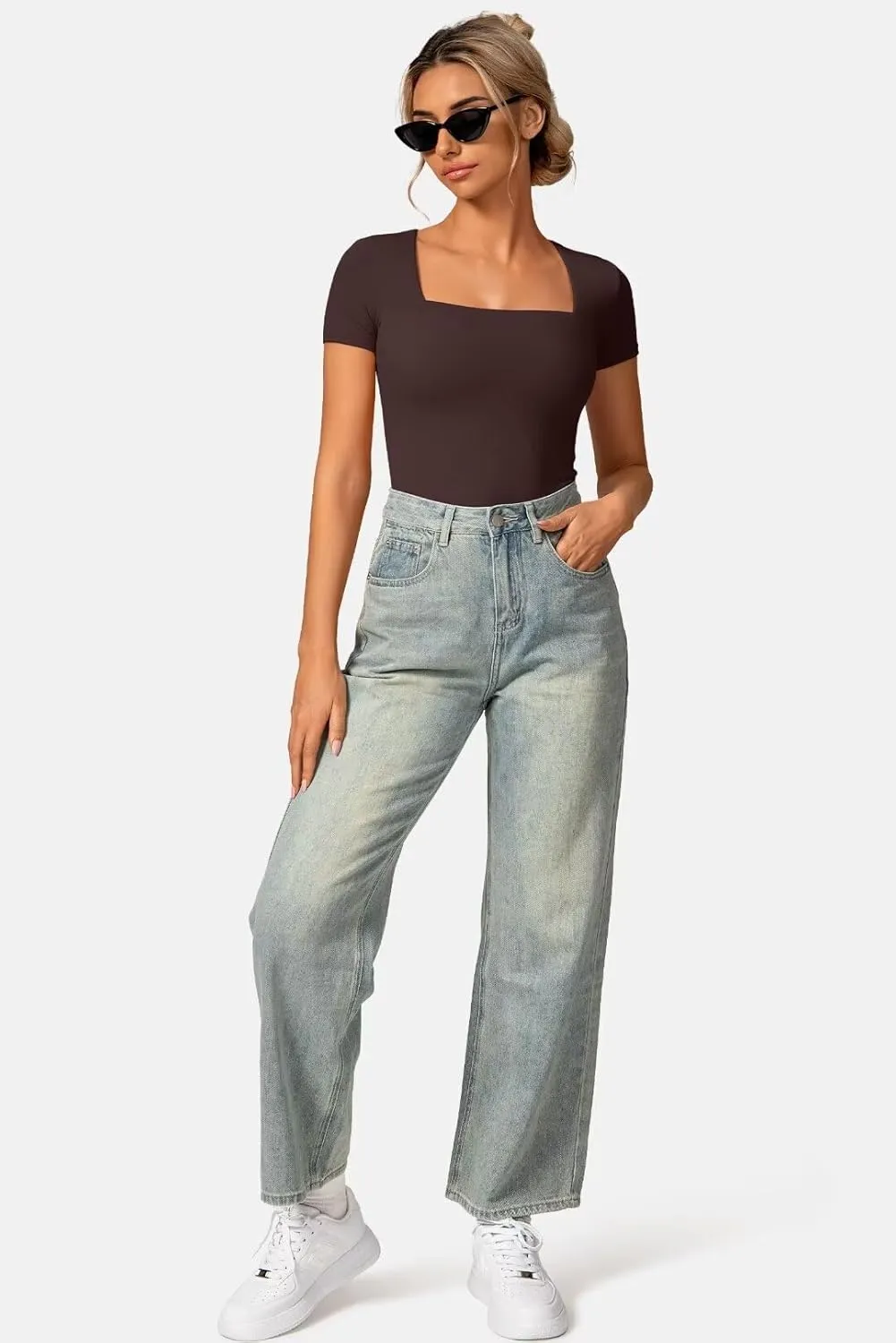Vertvie Square Neck Tops for Women Short Sleeve Double Lined T Shirts Slim Fit Going Out Tops Soft Sexy Basic Fitted Tee