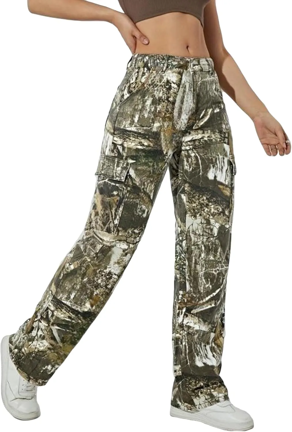 Voghtic Women's Camo Cargo Pants Wide Leg Y2K Camouflage Army Fatigue Sweatpants with Flap Pockets Streetwear