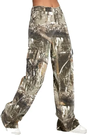 Voghtic Women's Camo Cargo Pants Wide Leg Y2K Camouflage Army Fatigue Sweatpants with Flap Pockets Streetwear