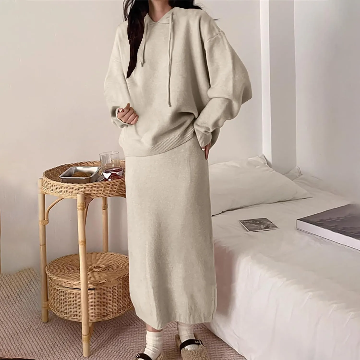 Women 2 Pieces Fleece Outfits Fall Sweater Skirt Sets Oversized Hoodies Pullover Sweatshirts Matching Knit Maxi Skirt