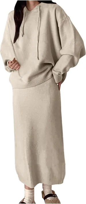 Women 2 Pieces Fleece Outfits Fall Sweater Skirt Sets Oversized Hoodies Pullover Sweatshirts Matching Knit Maxi Skirt