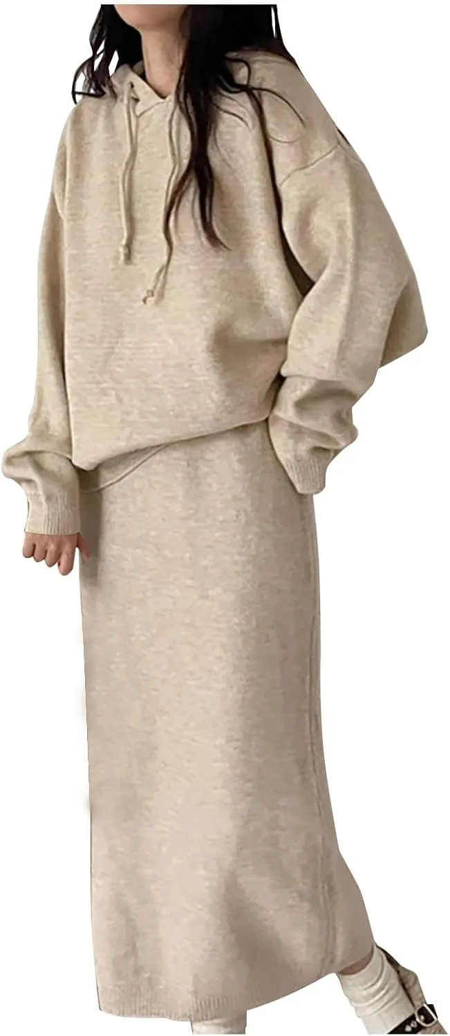 Women 2 Pieces Fleece Outfits Fall Sweater Skirt Sets Oversized Hoodies Pullover Sweatshirts Matching Knit Maxi Skirt