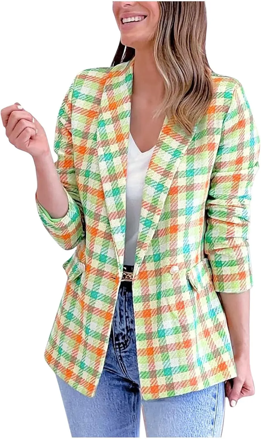 Women Casual Blazer Jacket Twill Plaid Blazers Long Sleeve Double Breasted Open Front Colorful Office Work Clothes