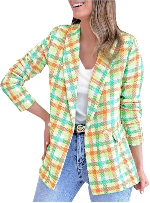 Women Casual Blazer Jacket Twill Plaid Blazers Long Sleeve Double Breasted Open Front Colorful Office Work Clothes