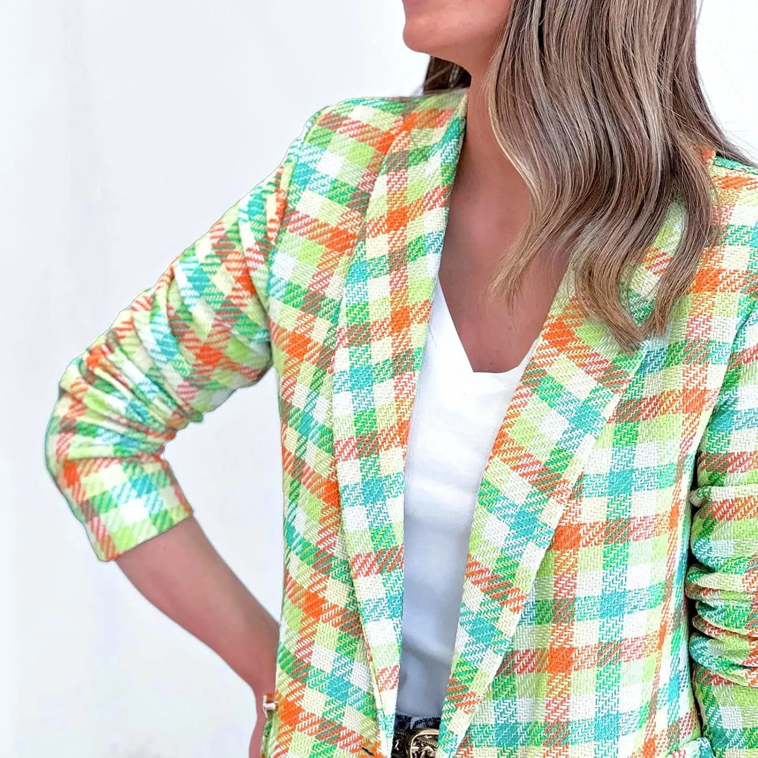 Women Casual Blazer Jacket Twill Plaid Blazers Long Sleeve Double Breasted Open Front Colorful Office Work Clothes