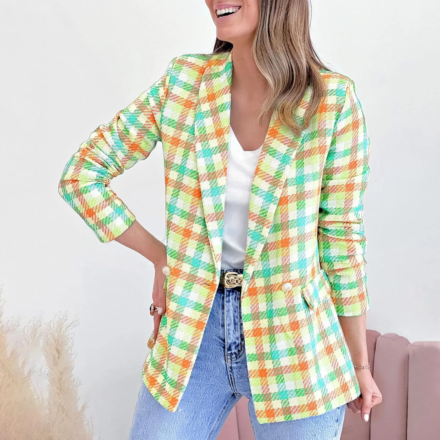Women Casual Blazer Jacket Twill Plaid Blazers Long Sleeve Double Breasted Open Front Colorful Office Work Clothes