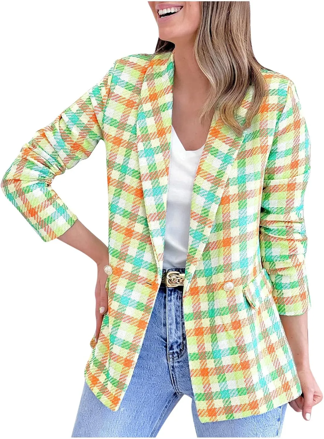 Women Casual Blazer Jacket Twill Plaid Blazers Long Sleeve Double Breasted Open Front Colorful Office Work Clothes